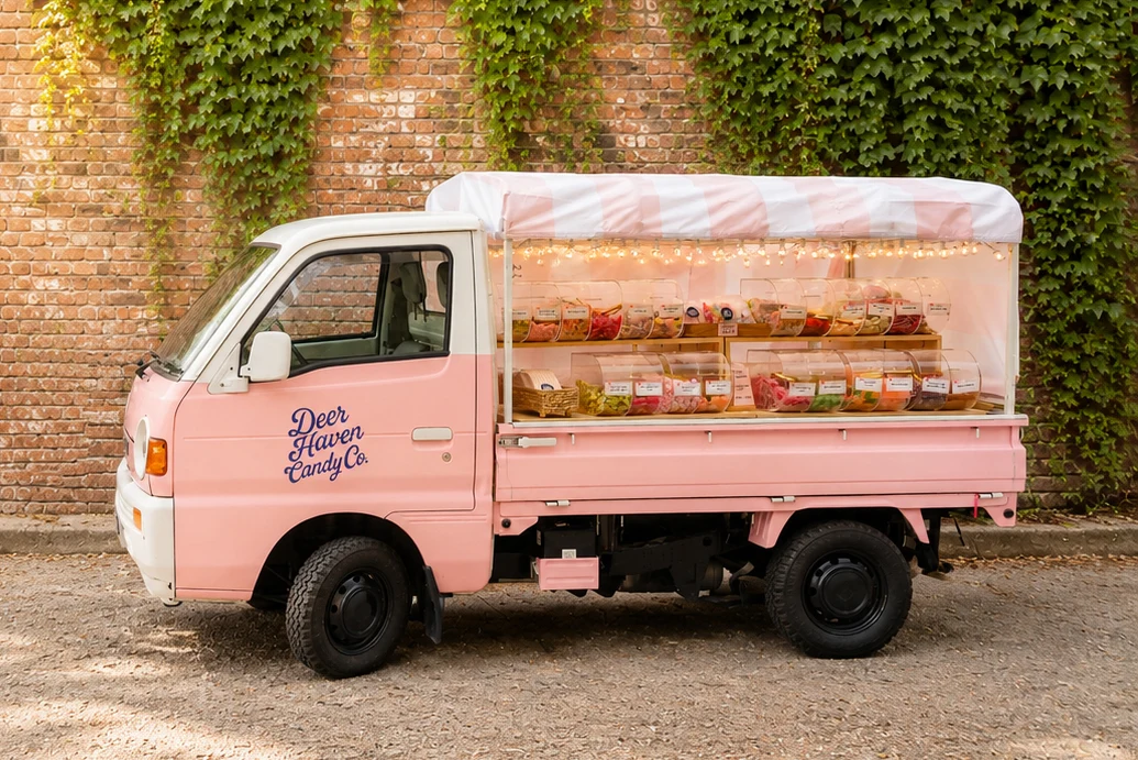 Pink Swedish candy truck rental in Utah for weddings and events